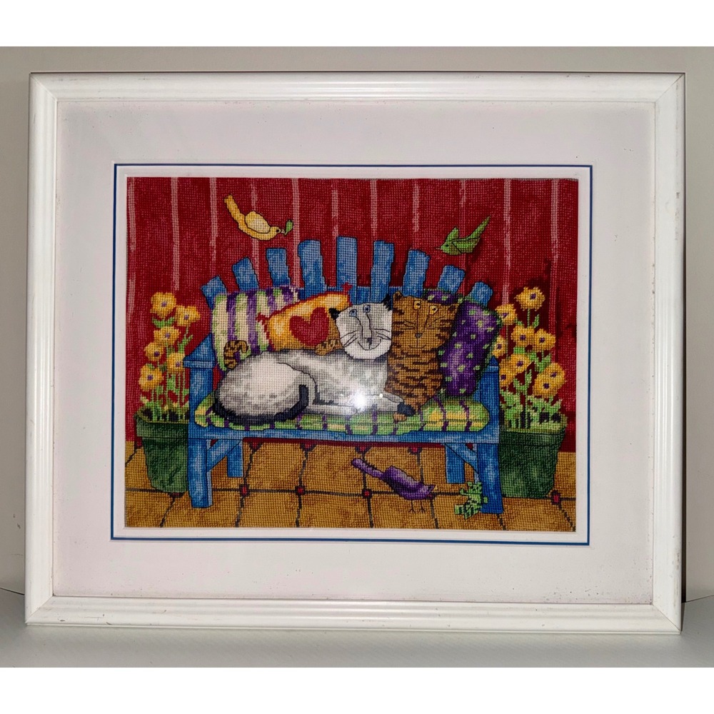 Handmade Needlepoint Cat Art 20x17x1.5 Whimsical Folk Art Framed Wall Decor